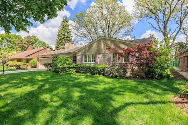 14240 Rosemont Ave, Detroit, MI 48223 - ranch-style home featuring an attached garage, a front yard, a chimney, and driveway