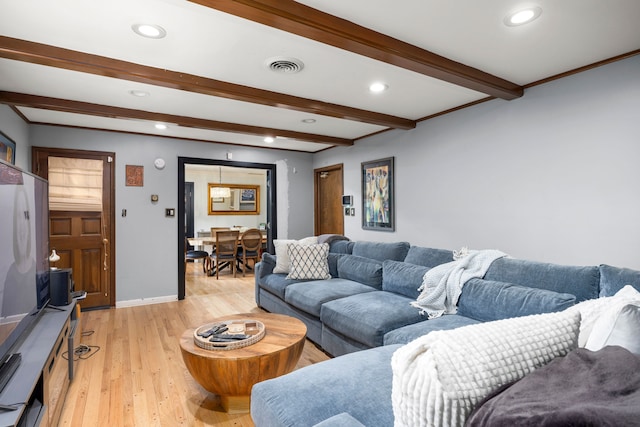 14240 Rosemont Ave, Detroit, MI 48223 - living area with beam ceiling, light wood finished floors, baseboards, and recessed lighting