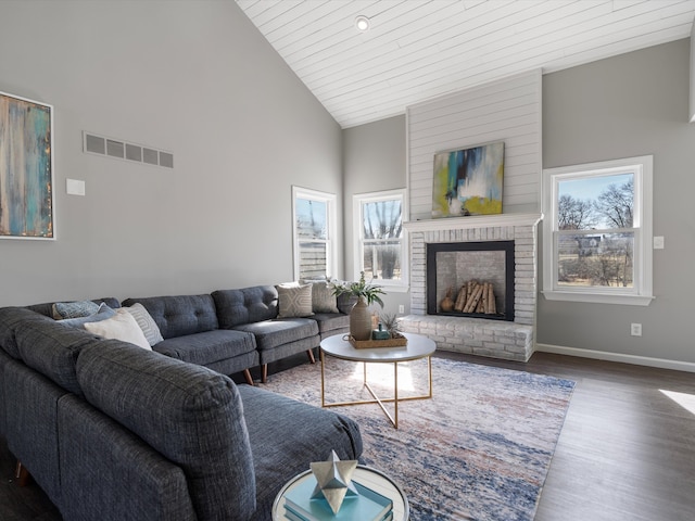 576 E Flint St, Lake Orion, MI 48362 - living room featuring wood finished floors, high vaulted ceiling, a brick fireplace, baseboards, and wood ceiling