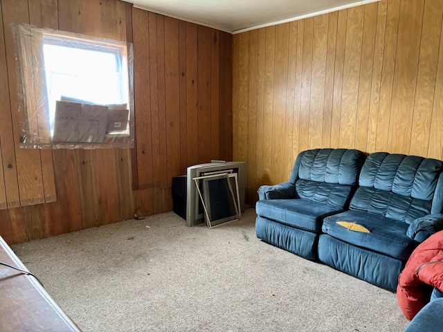 sitting room featuring carpet and wood walls