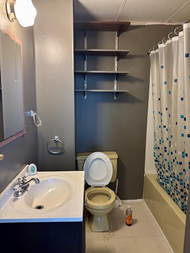full bath with tile patterned flooring, toilet, shower / bathtub combination with curtain, and vanity