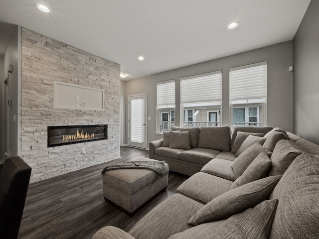 living area featuring a fireplace, wood finished floors, and recessed lighting