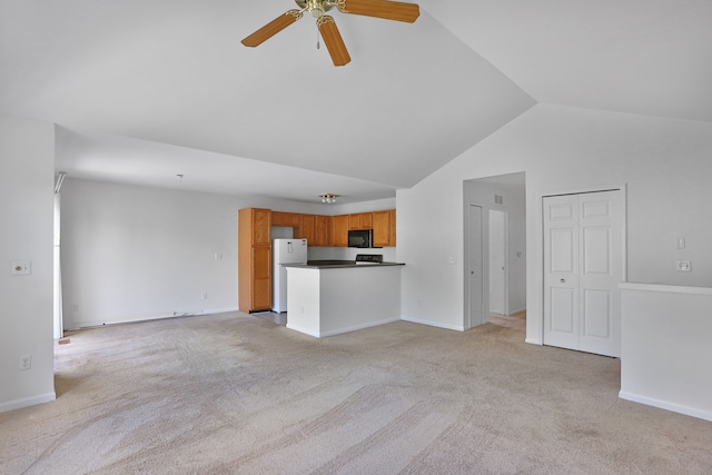 unfurnished living room featuring light colored carpet, a ceiling fan, baseboards, and high vaulted ceiling