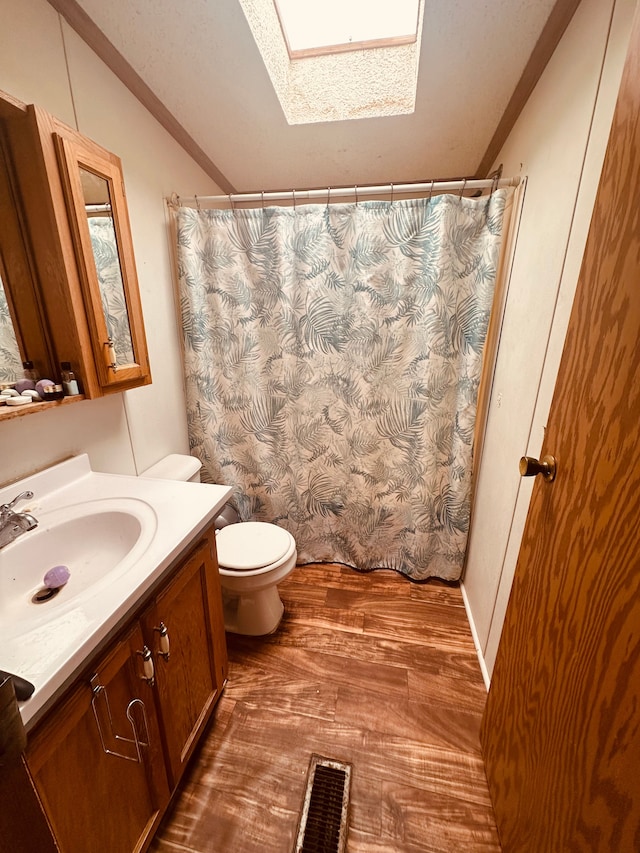 1832 E Carson City Rd, Sheridan, MI 48884 - full bath featuring a skylight, toilet, wood finished floors, vaulted ceiling, and vanity