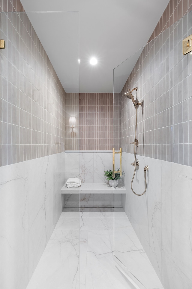 2051 Villa Rd Unit 204, Birmingham, MI 48009 - full bath with tile walls, a shower, marble finish flooring, and recessed lighting