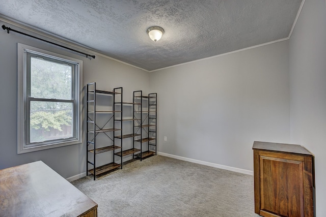 sitting room with a textured ceiling, baseboards, crown molding, and carpet