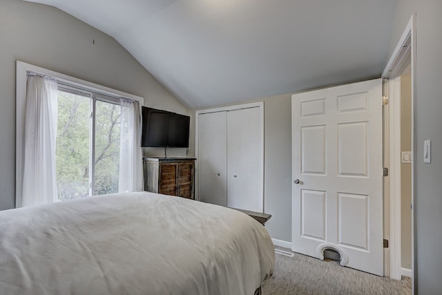 bedroom featuring vaulted ceiling, carpet floors, baseboards, and a closet
