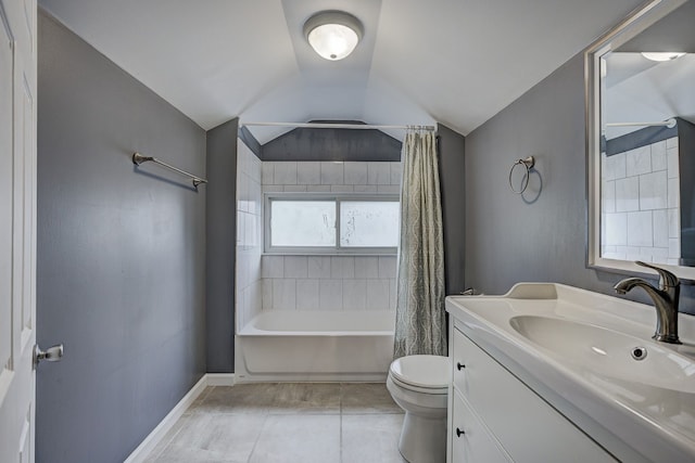 bathroom featuring toilet, shower / bathtub combination with curtain, baseboards, vanity, and vaulted ceiling