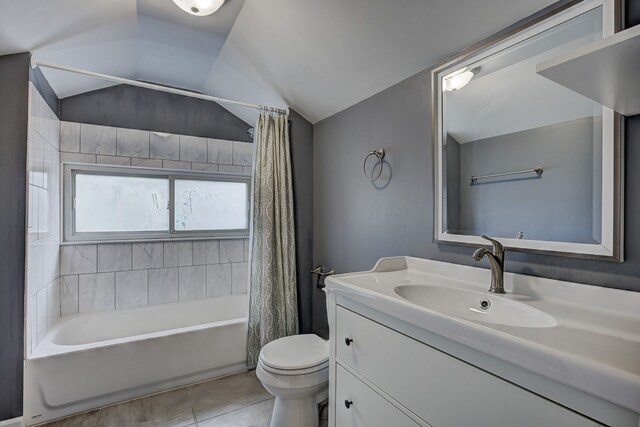 full bath with toilet, shower / bathtub combination with curtain, tile patterned flooring, vanity, and vaulted ceiling