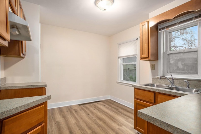 8 Vernon Ave, Battle Creek, MI 49014 - kitchen featuring brown cabinetry, baseboards, light wood-type flooring, a sink, and under cabinet range hood