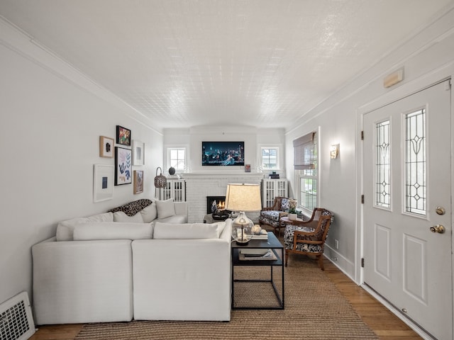 living area with wood finished floors, a fireplace, and crown molding