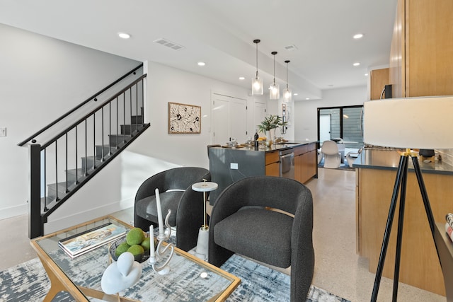 5234 Avery St, Detroit, MI 48208 - living room with stairway, recessed lighting, and baseboards