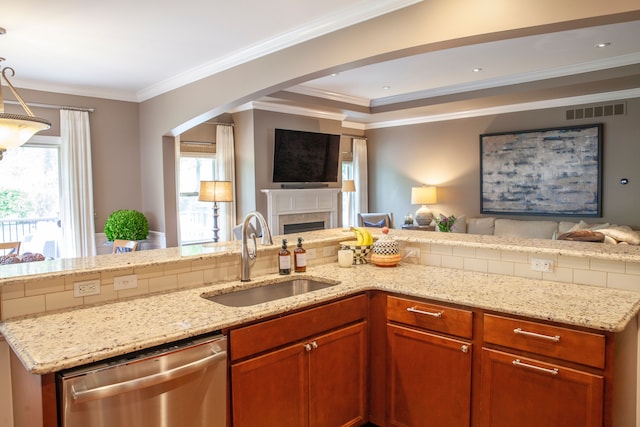 5514 Woodfall Rd, Clarkston, MI 48348 - kitchen featuring open floor plan, stainless steel dishwasher, a sink, light stone counters, and crown molding