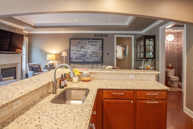 5514 Woodfall Rd, Clarkston, MI 48348 - kitchen featuring a raised ceiling, a sink, crown molding, wood finished floors, and light stone counters