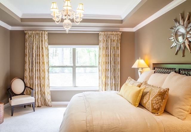 5514 Woodfall Rd, Clarkston, MI 48348 - carpeted bedroom with a raised ceiling, crown molding, multiple windows, a chandelier, and baseboards