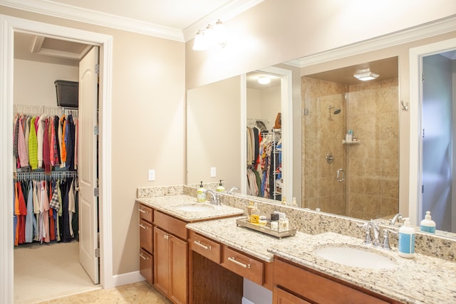 5514 Woodfall Rd, Clarkston, MI 48348 - bathroom with a stall shower, double vanity, a spacious closet, and ornamental molding
