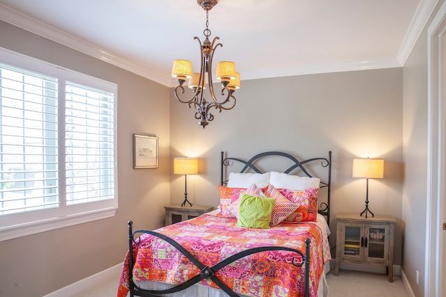 5514 Woodfall Rd, Clarkston, MI 48348 - bedroom featuring carpet, a chandelier, baseboards, and crown molding