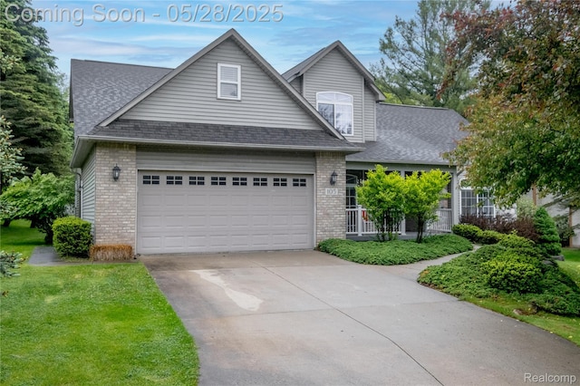105 Crescent Hill Dr, Ortonville, MI 48462 - traditional-style house featuring brick siding, concrete driveway, roof with shingles, and a front yard