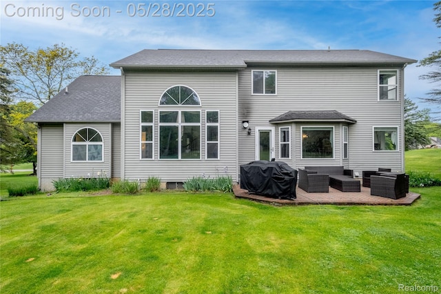 105 Crescent Hill Dr, Ortonville, MI 48462 - rear view of property with an outdoor hangout area, a yard, a patio area, and roof with shingles