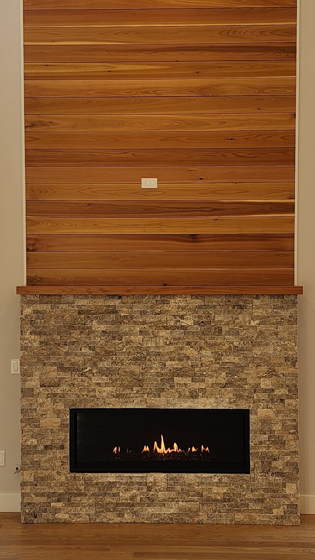detailed view of a premium fireplace, baseboards, and wood finished floors