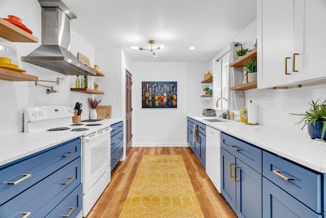 kitchen with open shelves, island range hood, white appliances, a sink, and blue cabinets