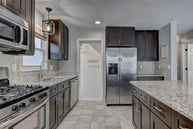 kitchen with stainless steel appliances, a sink, dark brown cabinetry, backsplash, and recessed lighting