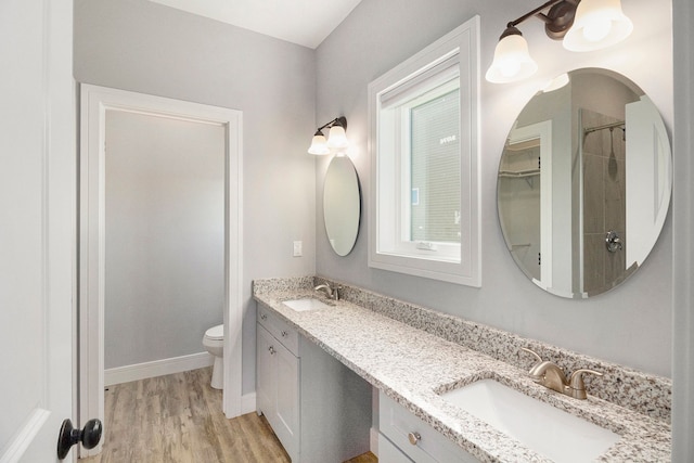 bathroom with wood finished floors, toilet, double vanity, and baseboards