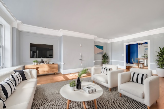 living room featuring ornamental molding, wood finished floors, and a decorative wall