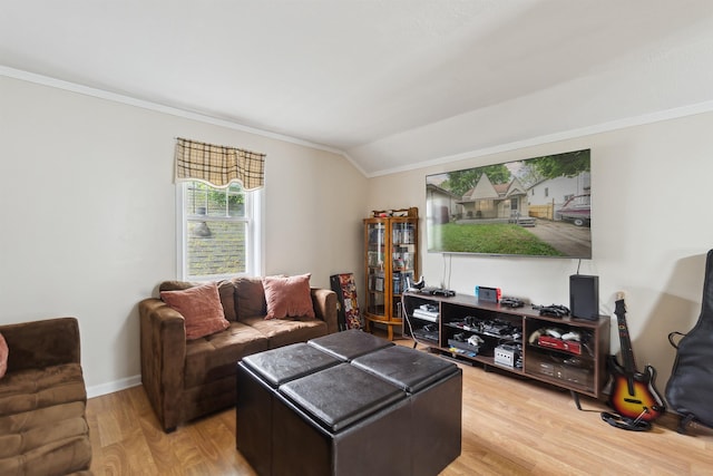 1430 New York Ave, Lansing, MI 48906 - living area with ornamental molding, light wood-type flooring, baseboards, and lofted ceiling