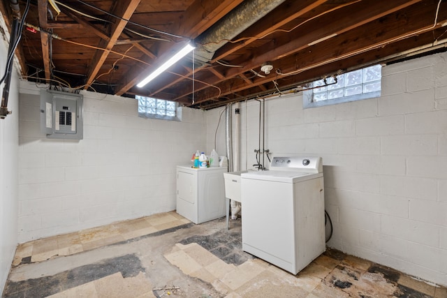 9319 Merriman Rd, Livonia, MI 48150 - basement with electric panel, washer and dryer, a sink, and healthy amount of natural light