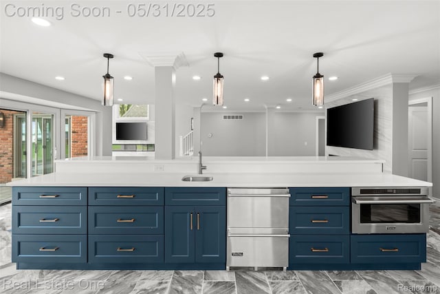 48556 Harbor Dr, Chesterfield, MI 48047 - kitchen with appliances with stainless steel finishes, crown molding, a sink, open floor plan, and light countertops