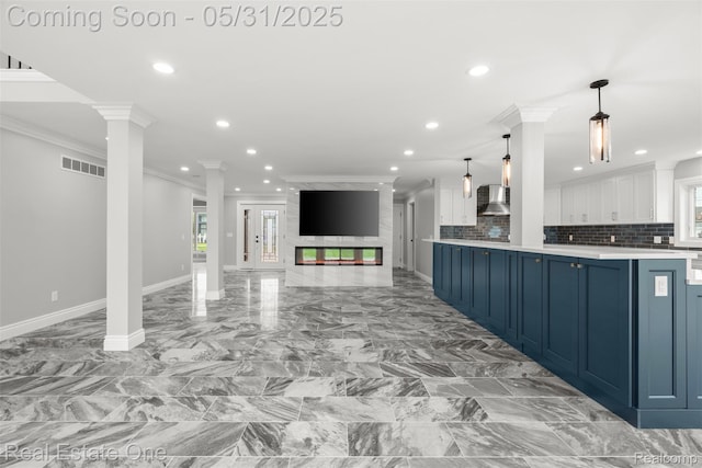 48556 Harbor Dr, Chesterfield, MI 48047 - kitchen with wall chimney range hood, crown molding, healthy amount of natural light, white cabinetry, and recessed lighting