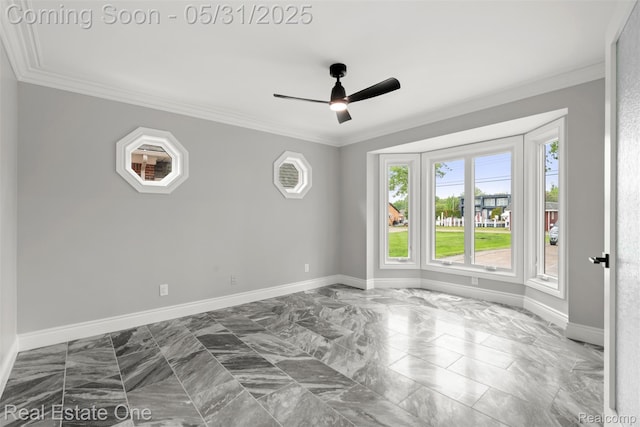 48556 Harbor Dr, Chesterfield, MI 48047 - spare room featuring ornamental molding, dark marble finish floors, ceiling fan, and baseboards