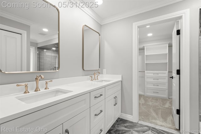 48556 Harbor Dr, Chesterfield, MI 48047 - full bath featuring double vanity, ornamental molding, recessed lighting, a walk in closet, and marble look tile flooring