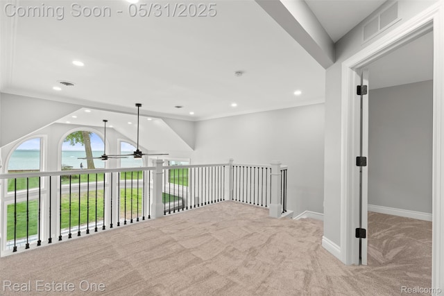48556 Harbor Dr, Chesterfield, MI 48047 - hall with carpet, a water view, recessed lighting, baseboards, and vaulted ceiling