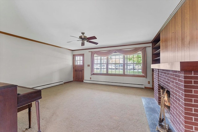30617 Young Dr, Gibraltar, MI 48173 - unfurnished living room with a baseboard heating unit, ornamental molding, carpet floors, ceiling fan, and a brick fireplace