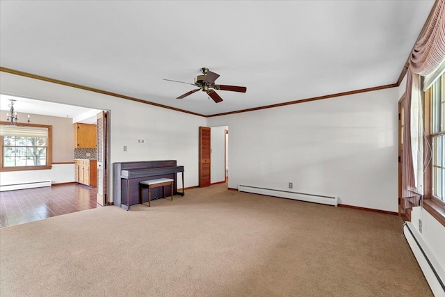 30617 Young Dr, Gibraltar, MI 48173 - unfurnished living room with baseboard heating, a baseboard radiator, carpet, a ceiling fan, and crown molding