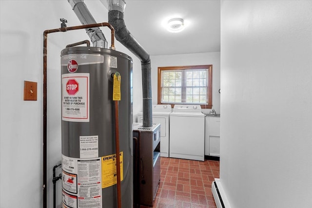 30617 Young Dr, Gibraltar, MI 48173 - laundry room with water heater, washing machine and clothes dryer, and brick patterned floors