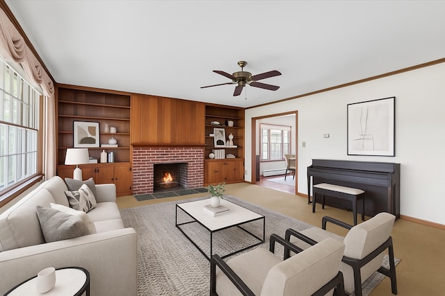 30617 Young Dr, Gibraltar, MI 48173 - living area featuring light carpet, baseboards, ceiling fan, a baseboard heating unit, and a brick fireplace