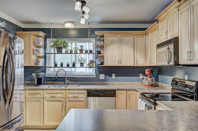 2230 Princeton Rd, Berkley, MI 48072 - kitchen featuring appliances with stainless steel finishes, open shelves, a sink, and light brown cabinets
