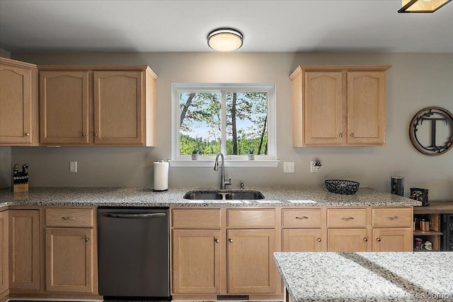 457 Cove View Dr, Waterford, MI 48327 - kitchen featuring dishwashing machine, a sink, light brown cabinetry, and light stone countertops