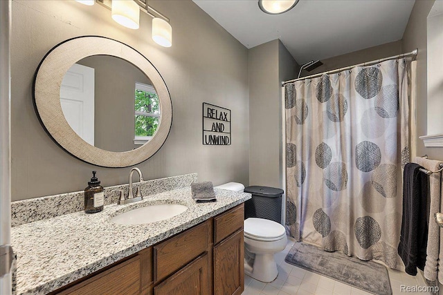 457 Cove View Dr, Waterford, MI 48327 - bathroom with vanity, toilet, tile patterned flooring, and a shower with curtain