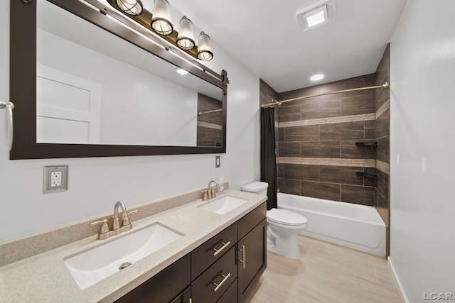 1107 Sunset Dr, Tecumseh, MI 49286 - bathroom featuring shower / bathtub combination with curtain, toilet, and double vanity
