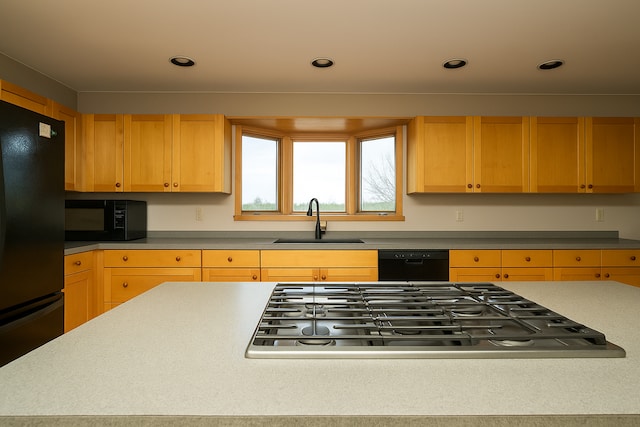 34699 Fuerstenau Rd, Richmond, MI 48062 - kitchen with black appliances, a sink, recessed lighting, and light brown cabinets