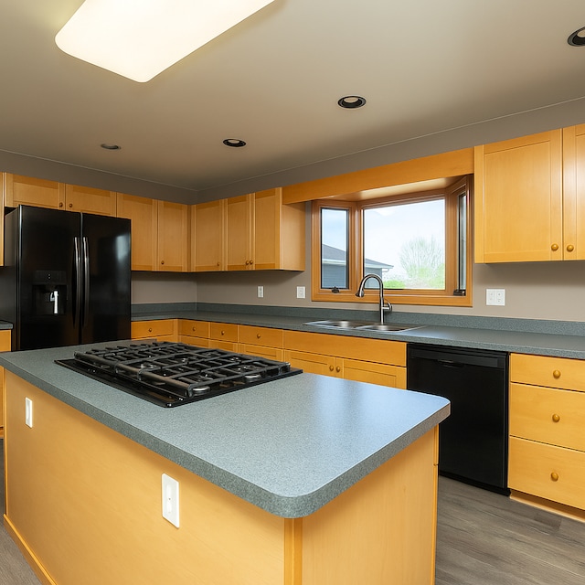 34699 Fuerstenau Rd, Richmond, MI 48062 - kitchen with black appliances, a sink, light brown cabinets, light wood-style floors, and a kitchen island