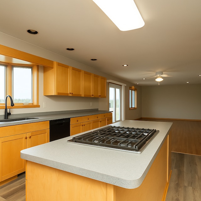 34699 Fuerstenau Rd, Richmond, MI 48062 - kitchen featuring dishwasher, stainless steel gas stovetop, a sink, light wood finished floors, and a kitchen island