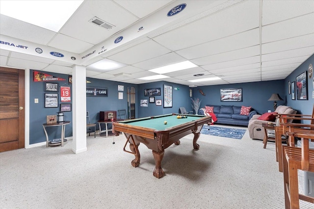 28605 Southpointe Rd, Grosse Ile, MI 48138 - rec room with a paneled ceiling, billiards, carpet floors, and baseboards