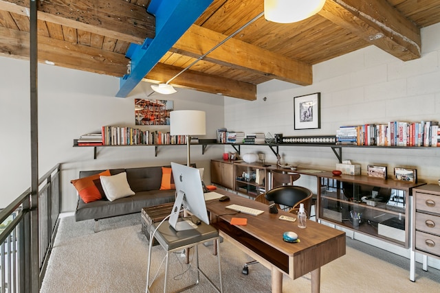 3434 Russell St Unit 28-205, Detroit, MI 48207 - office featuring wooden ceiling, carpet floors, and beam ceiling