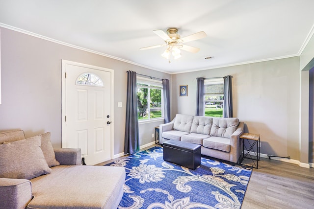 4120 Bunker Ave, West Bloomfield, MI 48323 - living room with ceiling fan, wood finished floors, ornamental molding, and baseboards