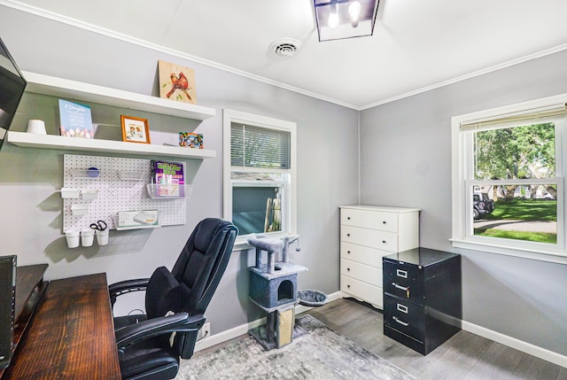 4120 Bunker Ave, West Bloomfield, MI 48323 - office area featuring crown molding, wood finished floors, and baseboards